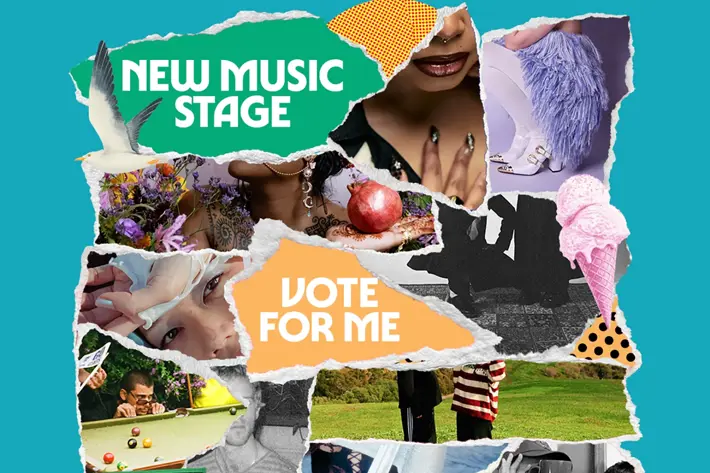 A vibrant collage featuring torn paper layers with various images and text. Elements include “NEW MUSIC STAGE” in bold white letters on green, “VOTE FOR ME” on orange, a white dove, a green boombox, an ice cream cone, a fluffy purple accessory, flowers, jewellery, and people holding cameras. The background is teal, creating a dynamic and artistic composition.