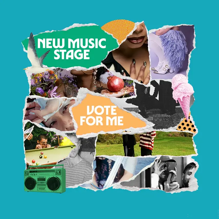 A vibrant collage featuring torn paper layers with various images and text. Elements include “NEW MUSIC STAGE” in bold white letters on green, “VOTE FOR ME” on orange, a white dove, a green boombox, an ice cream cone, a fluffy purple accessory, flowers, jewellery, and people holding cameras. The background is teal, creating a dynamic and artistic composition.
