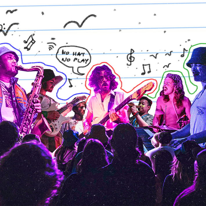 A band playing in front of a crowd with a background of children's drawings in an exercise book.