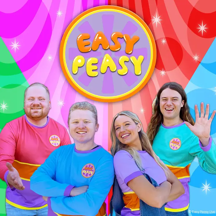 An image of the four members of Easy Peasy; Harmony, Jake, Michael and Charlie posed in front of a brightly coloured background.